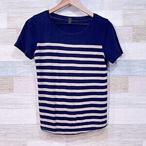 J Crew 100% Linen Slub Knit Tee Blue Beige Striped Cap Sleeve Womens XS